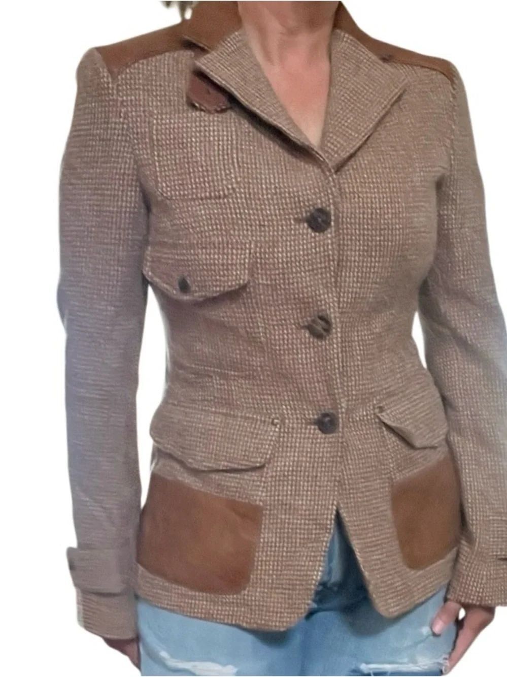 RARE Ralph Lauren Blue Label Italy Wool/Leather Hunting Blazer Size 10 S/M